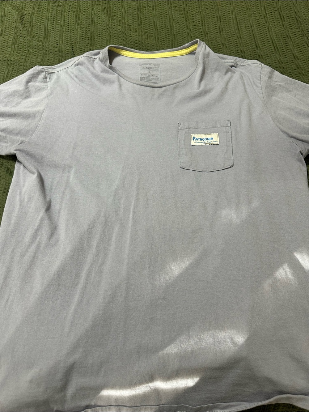Patagonia Men’s Short-Sleeve Pocket Tee in Light Gray with Yellow Trim